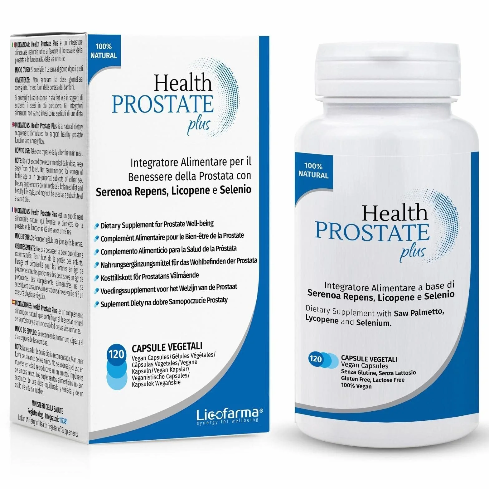 Health Prostate Plus - Suplemento para próstata y tracto urinario con Serenoa repens, licopeno y selenio - Bote de 120 cápsulas vegetales (sin dióxido de titanio y otros colorantes)