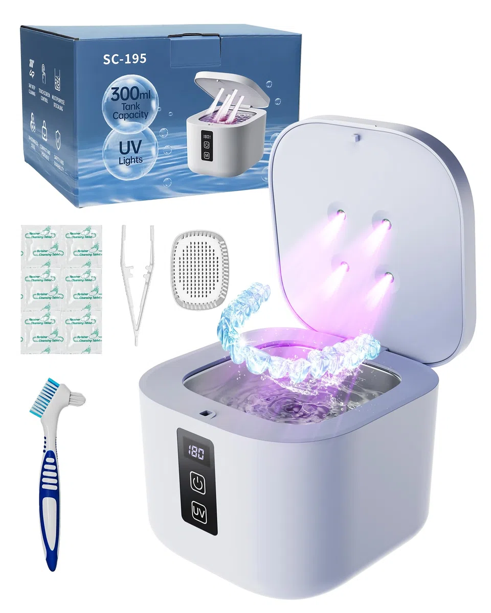 Limpiador Ultrasónico, 48000Hz Limpieza Dental Ultrasonidos, 375ML con 4 Lámparas UV Automáticas, para Ultrasonidos Limpieza Dental de Dentaduras, Retenedores, Alineadores y Joyas