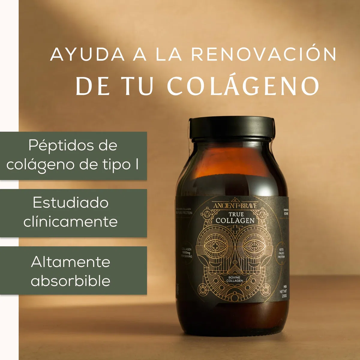 Ancient + Brave | True Collagen | 100% Péptidos de Colágeno Hidrolizado en Polvo | 33 Raciones - 200 g | Colágeno Bovino Europeo | Alto en Proteínas | Ayuno y Keto | Piel, Cabello y Uñas