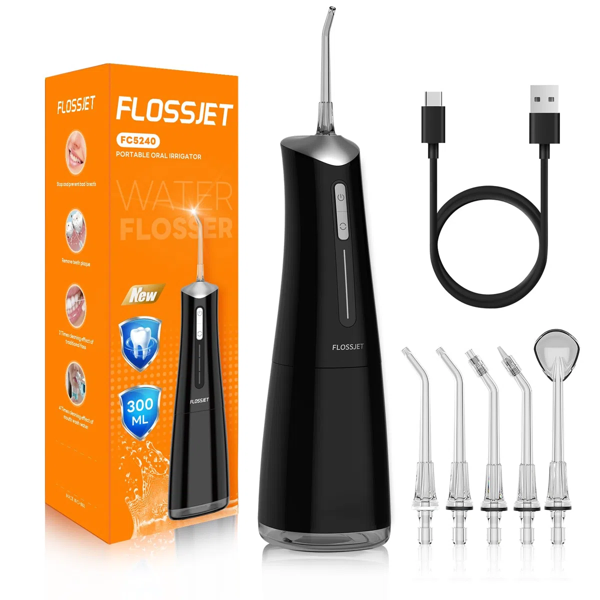 FlossJet Irrigador Dental Inalámbrico Irrigador Bucal Portatil 300ML Water Flosser (Negro Y Plateado)