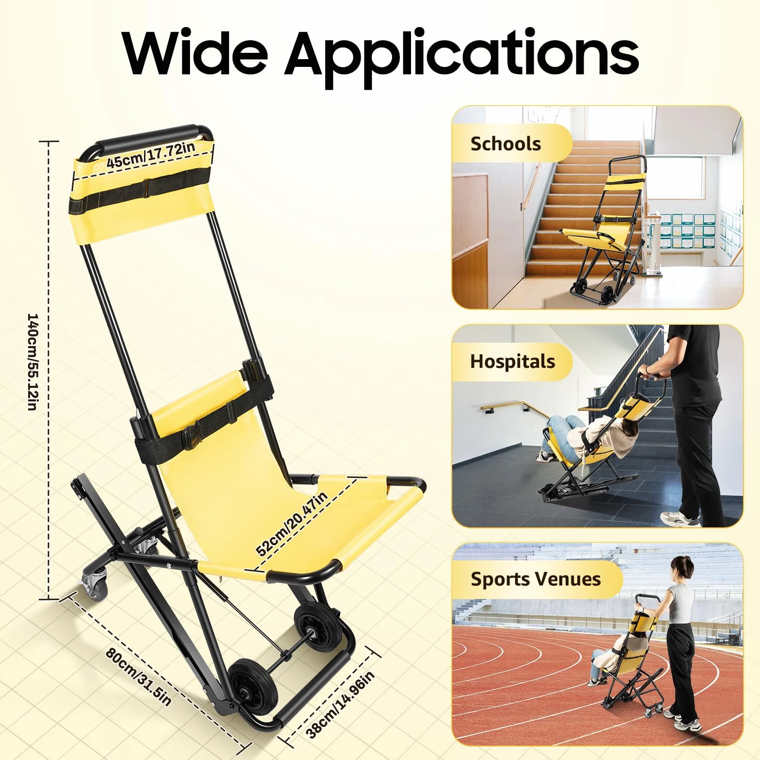 Silla de ruedas para subir escaleras, aleación de aluminio, 4 ruedas, 159 kg de capacidad de carga, plegable, portátil, reposacabezas ajustable con cinturones de seguridad