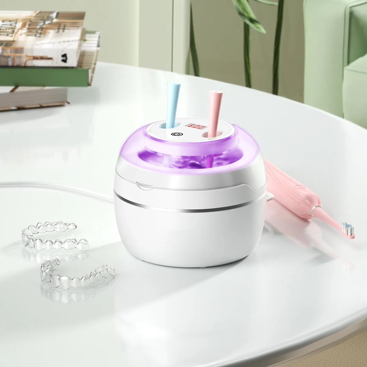 Limpiador Ultrasonidos Dental 50000Hz Ultrasonidos Limpieza con Lámpara UV y 4 Modos, 250ml Ultrasonic Retainer Cleaner Dental Pod para Dentaduras Postizas, Retenedores, Joyas, Blanco