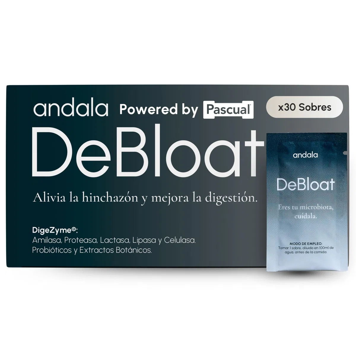 DeBloat - Digezyme Enzimas Digestivas con Probioticos Synbio Alivian Gases e Hinchazon Adultos y Mejoran la Digestion - Curcuma, Manzanilla, Menta e Hinojo - 30 Sobres