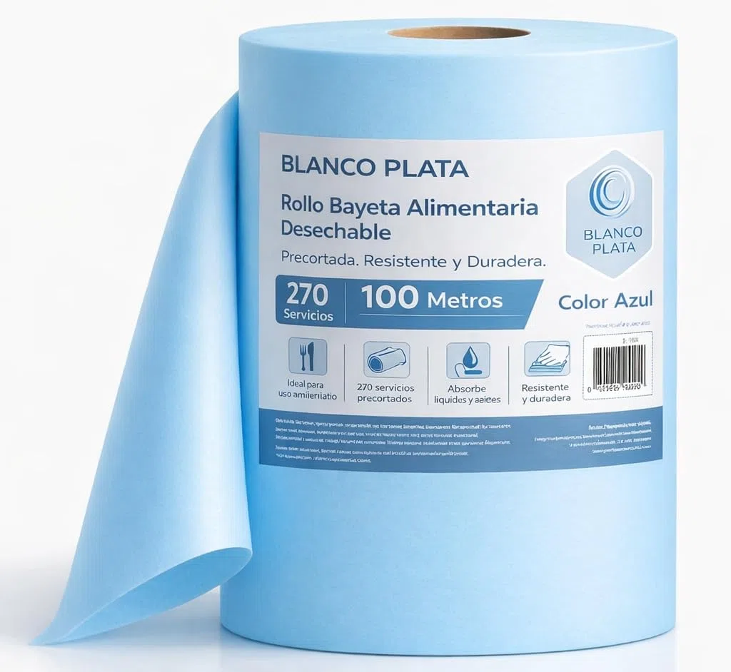Rollo Bayeta Alimentaria Desechable. Precortada. Resistente y Duradera. 270 Servicios 100 Metros - Color Azul