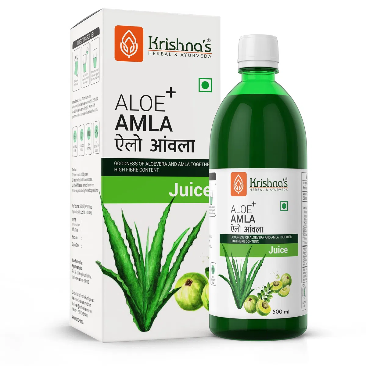 Krishna's Aloe Vera Amla Mix Juice - 500 ml | Una mezcla perfecta para un cuerpo saludable | Para cabello sano, piel, digestión e inmunidad