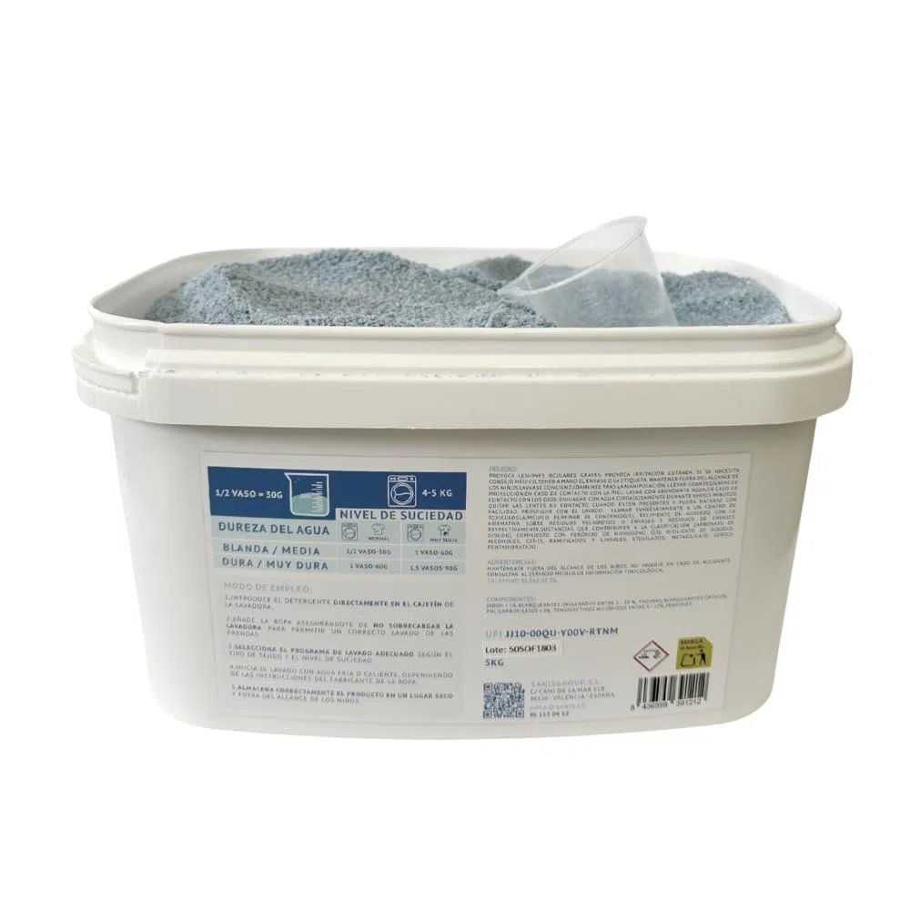 SanisWash, Detergente en Polvo con Oxígeno Activo, Detergente para Lavadora, Eficaz Incluso a 20º, Elimina el Olor en la Ropa Deportiva, Ropa Limpia y Fresca, 165 Lavados, 5Kg