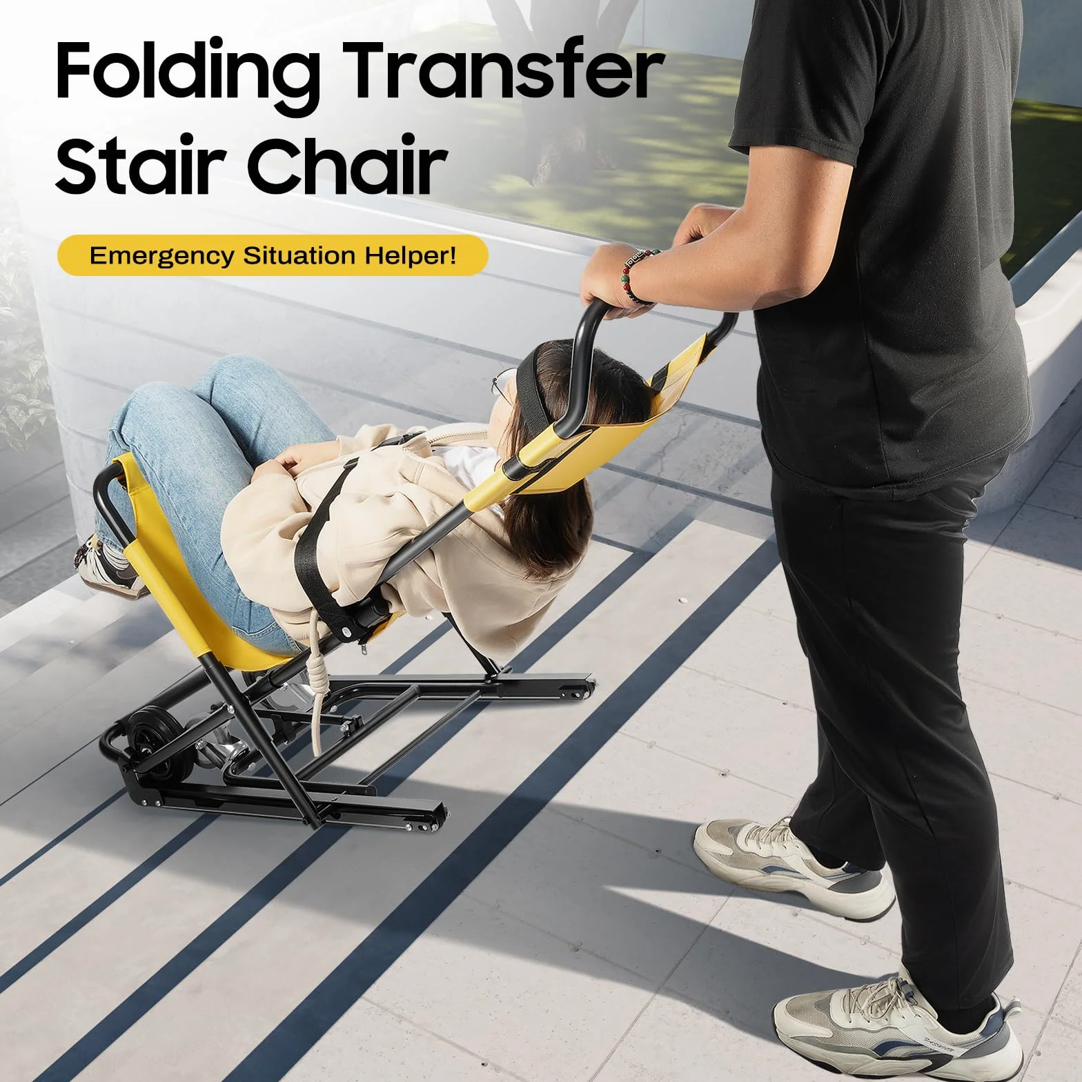 Silla de ruedas para subir escaleras, aleación de aluminio, 4 ruedas, 159 kg de capacidad de carga, plegable, portátil, reposacabezas ajustable con cinturones de seguridad