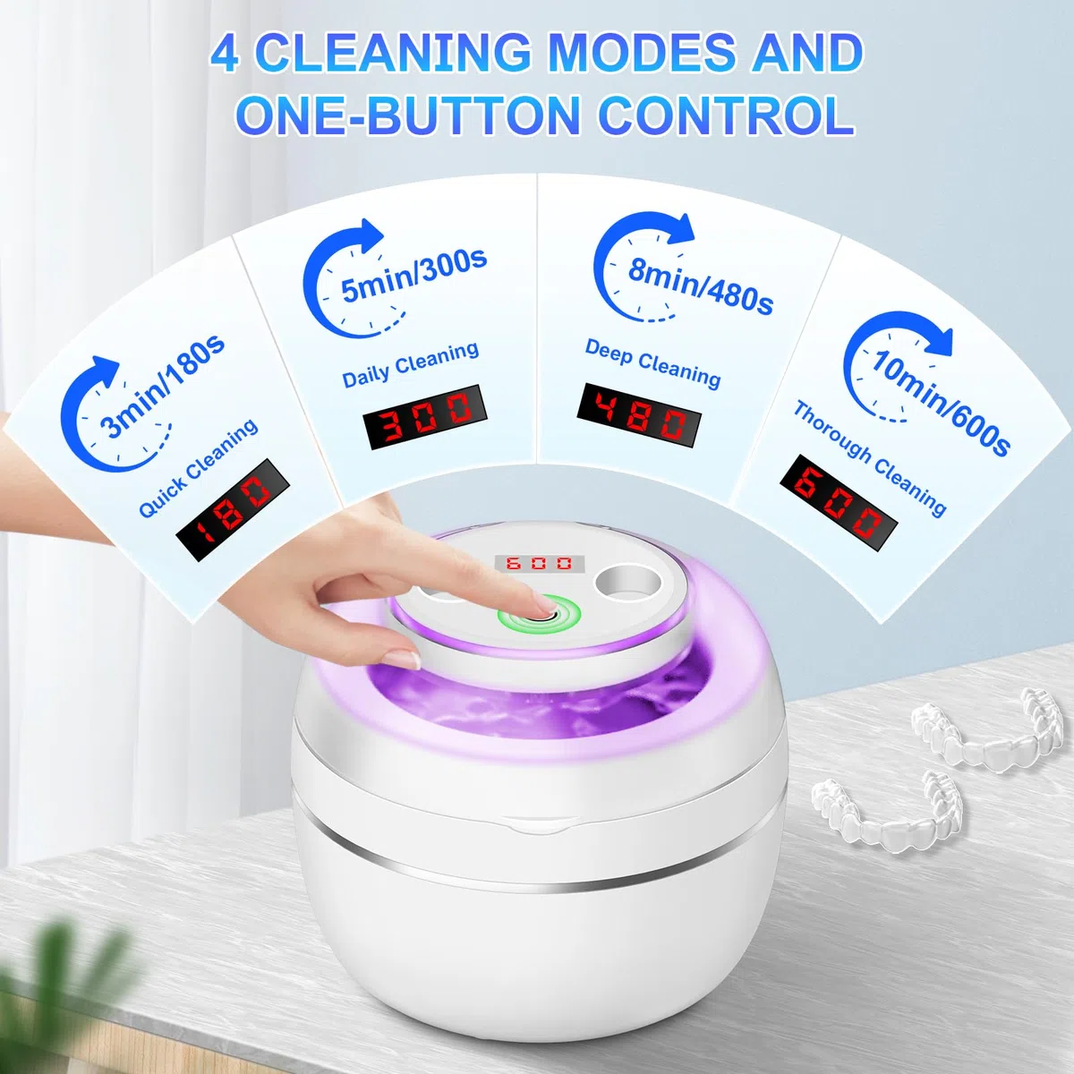 Limpiador Ultrasonidos Dental 50000Hz Ultrasonidos Limpieza con Lámpara UV y 4 Modos, 250ml Ultrasonic Retainer Cleaner Dental Pod para Dentaduras Postizas, Retenedores, Joyas, Blanco