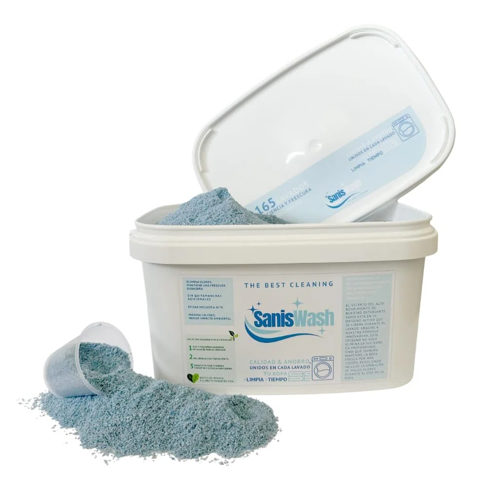 SanisWash, Detergente en Polvo con Oxígeno Activo, Detergente para Lavadora, Eficaz Incluso a 20º, Elimina el Olor en la Ropa Deportiva, Ropa Limpia y Fresca, 165 Lavados, 5Kg