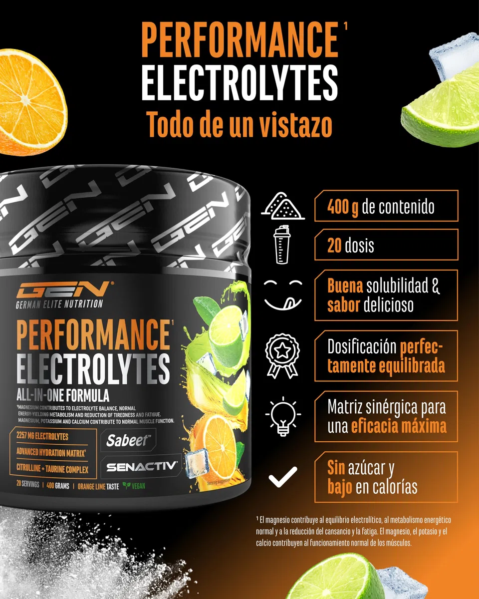 Performance Electrolytes - 400 g (20 Porciones) - Advanced Hydration Matrix con Sodio, Potasio, Magnesio, Calcio y Cloruro - con Citrulina y Taurina - Sin Azúcar - Vegano - Sabor Naranja Lima