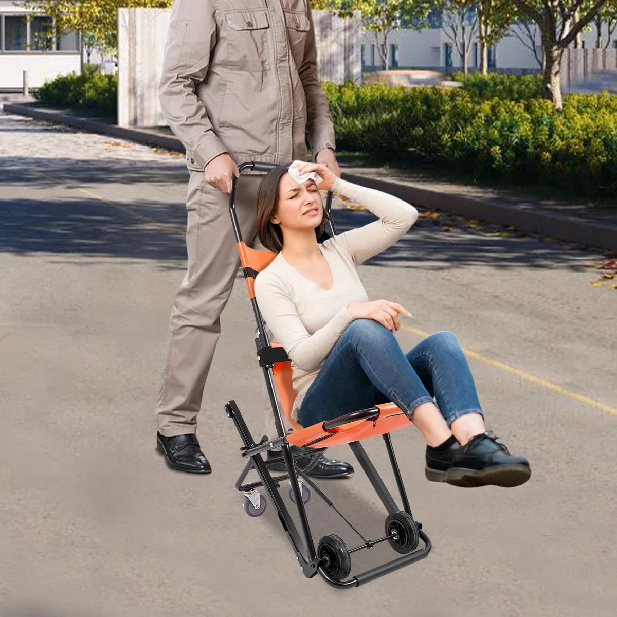 Silla de escalera plegable para escaleras con cinturones de seguridad, silla de ruedas de aluminio con 2 ruedas, elevador de escaleras portátil, ambulancia, bombero, evacuación para personas mayores