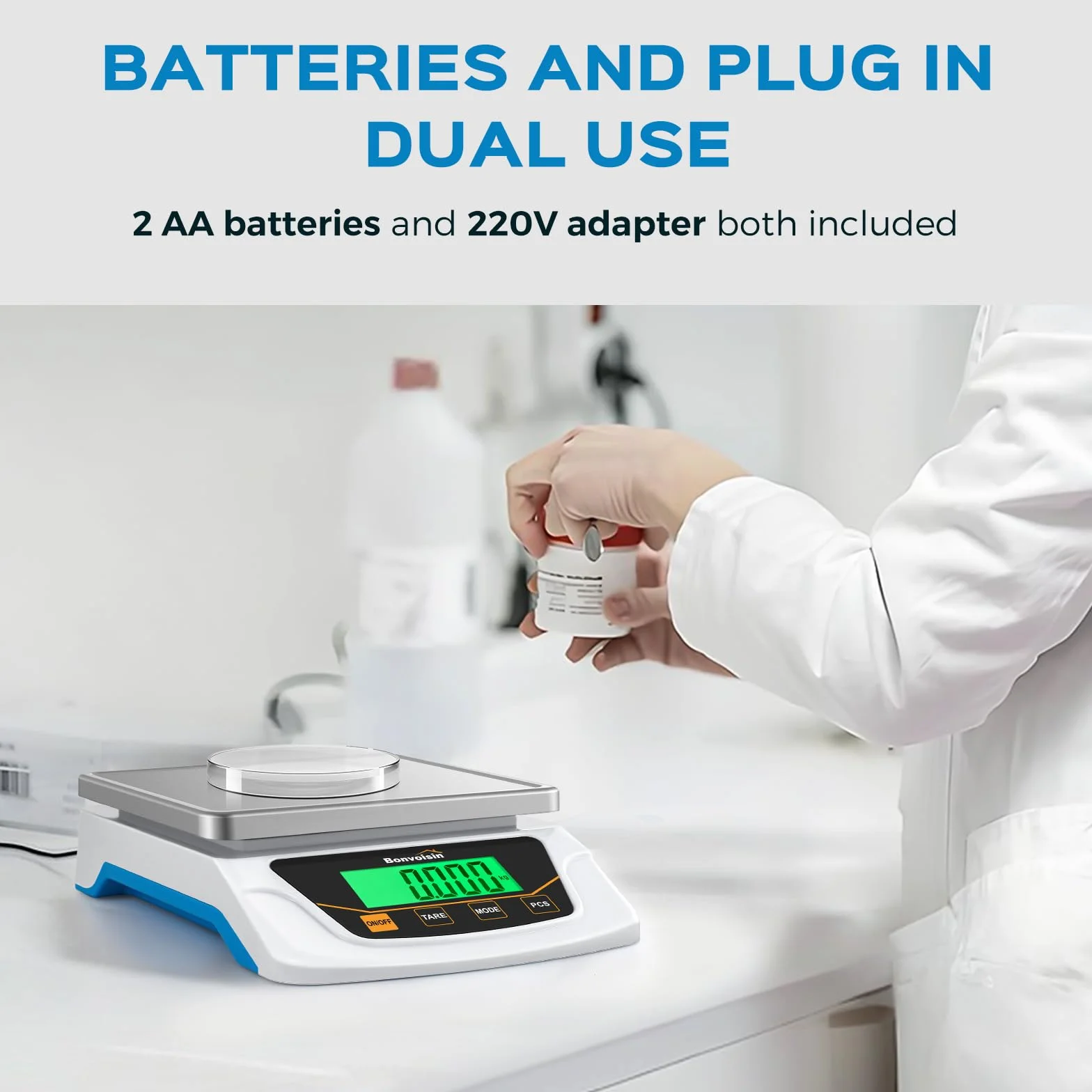Bonvoisin Báscula de Precisión 6000g x 0.1g, Báscula Digital de Laboratorio con 6 Unidades, Conteo & Tara, Plato de Acero Inoxidable, Doble Alimentación & Autoapagado, para Lab, Joyería, Educación