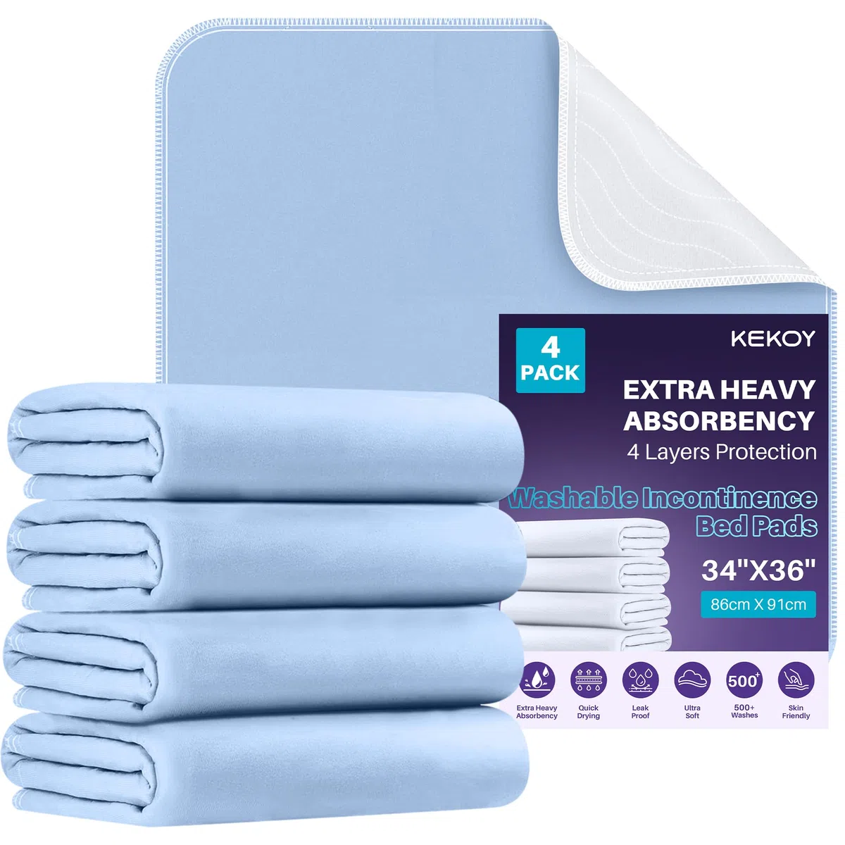 Kekoy Empapadores Cama Adultos Lavables, Empapadores Lavables (Reutilizable): Funciona como Compresas Incontinencia, Colchón Entrenamiento Baño – para Ancianos, Adulto | 4 Unidades, 86x91 cm