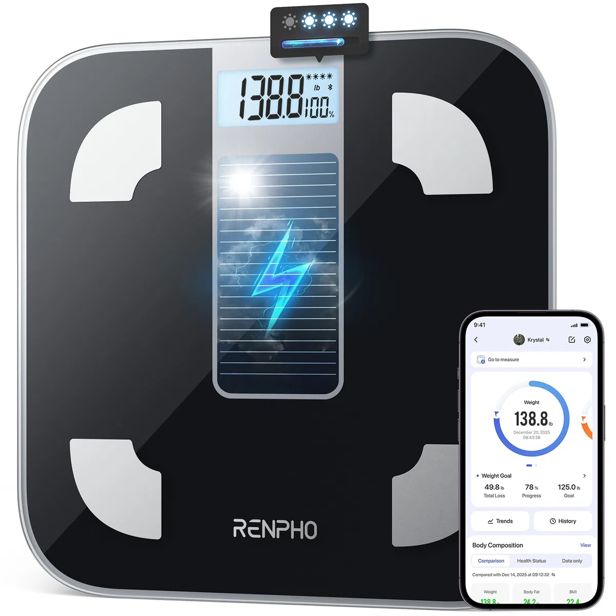 RENPHO Básculas Digitales de Peso Corporal, Básculas de Baño para Pesarse sin Pilas, Báscula Inteligente con Grasa Corporal, Analizador de la Salud para Smartphone, Elis Solar 1