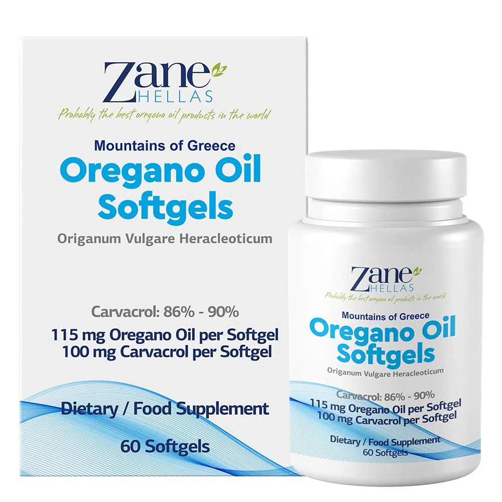 Zane Hellas Cápsulas de aceite de orégano. Cada cápsula blanda contiene un 20% de aceite esencial griego puro de orégano. 100 mg de Carvacrol por cápsula blanda.120 cápsulas blandas.Paquete de 2