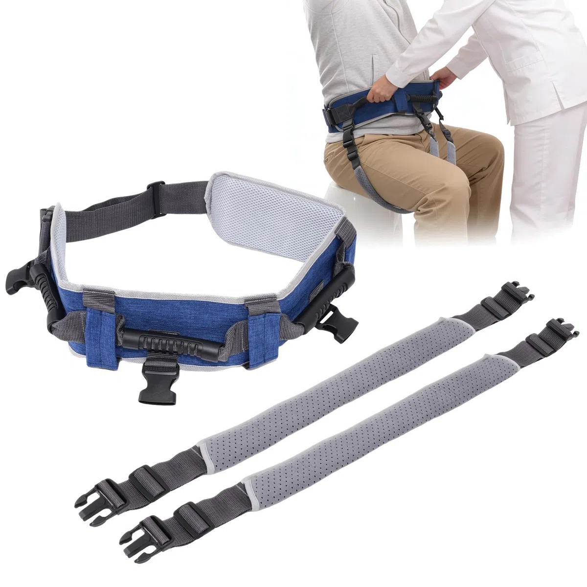Cinturón de transferencia para personas mayores, con 7 asas y correas desmontables para las piernas, personas paralizadas (gris azulado)