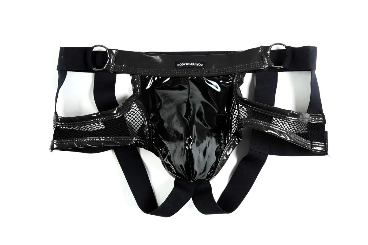 Jock Brief Ouvert - Malla transparente con aspecto lacado de piel sintética, ropa interior para hombre, ropa interior cómoda