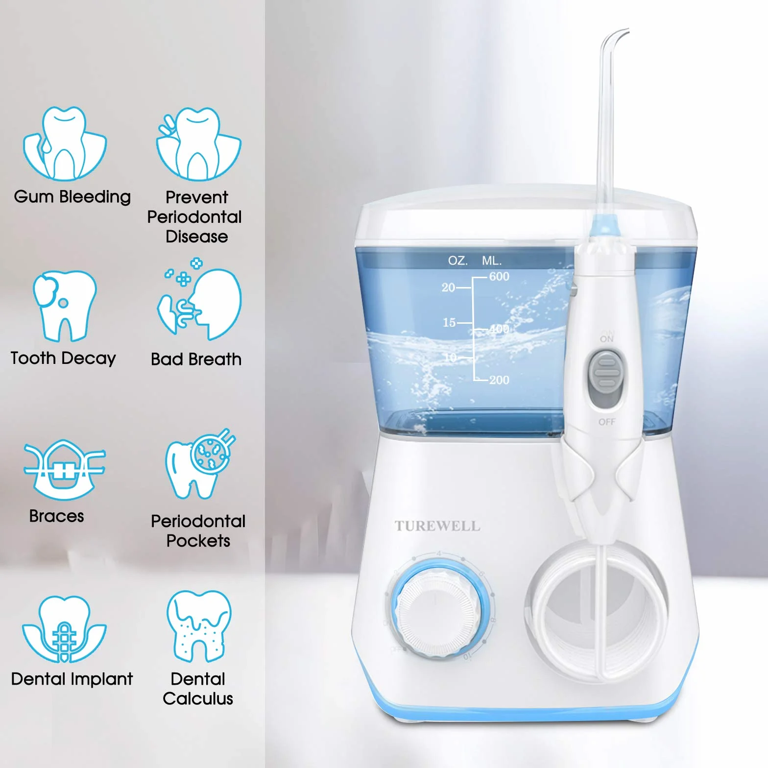 Irrigadores Dental-TUREWELL Irrigador Bucales con 8 Boquillas 10 Ajustes de Presión Del Agua, 600 ML Gran Capacidad de Depósito,IPX7 Impermeable Limpieza Dental