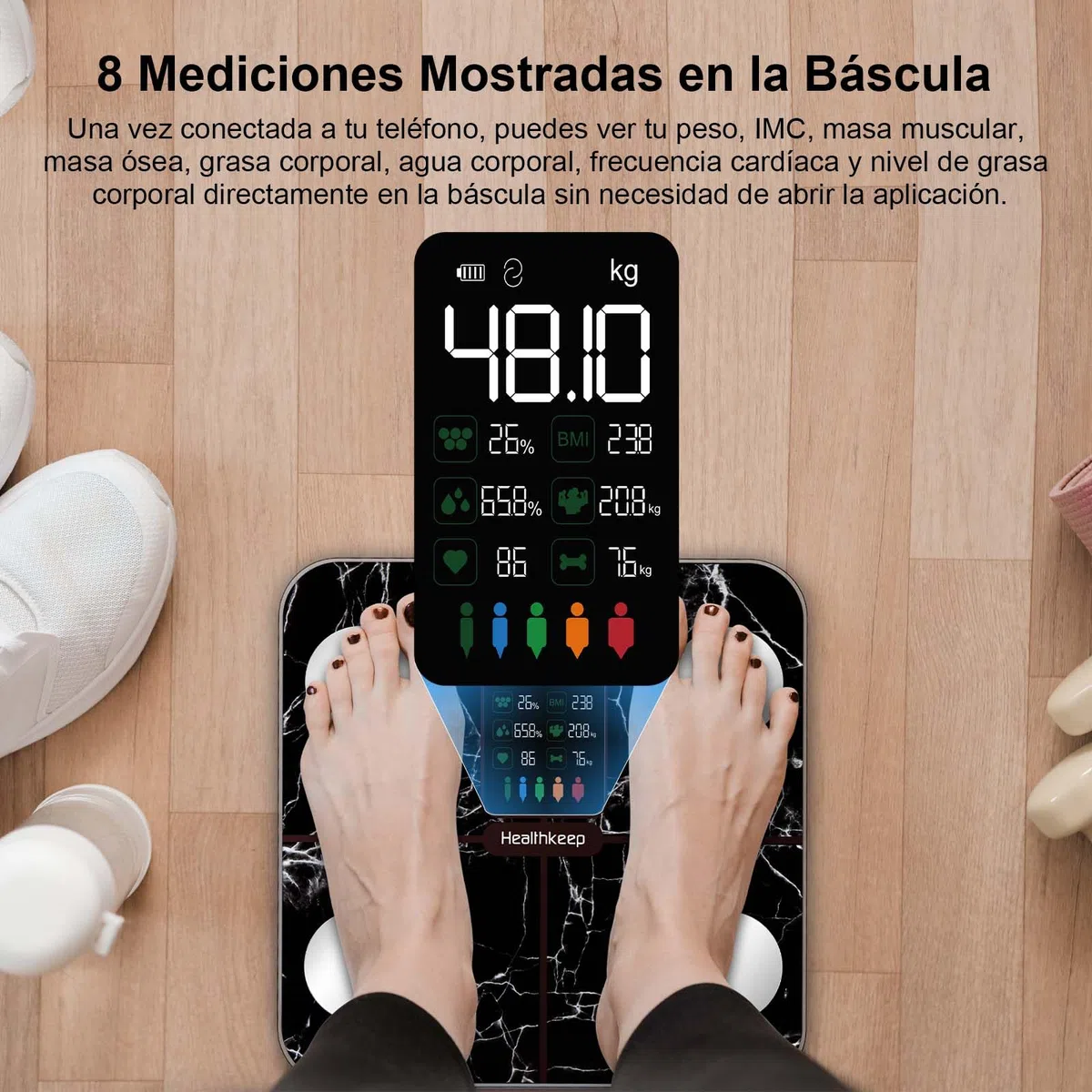 Healthkeep Báscula de Baño,Básculas Inteligentes Digitalescon Función de Frecuencia Cardíaca,15 Datos Corporales,Pantalla VA Extra Grande
