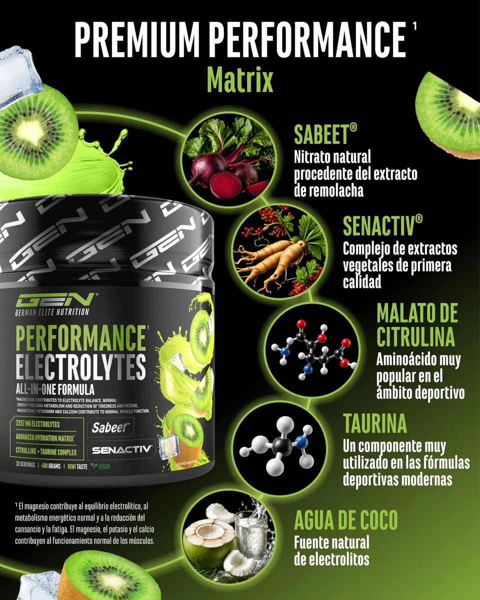 Performance Electrolytes - 400 g (20 Porciones) - Advanced Hydration Matrix con Sodio, Potasio, Magnesio, Calcio y Cloruro - con Citrulina y Taurina - Sin Azúcar - Vegano - Sabor Kiwi