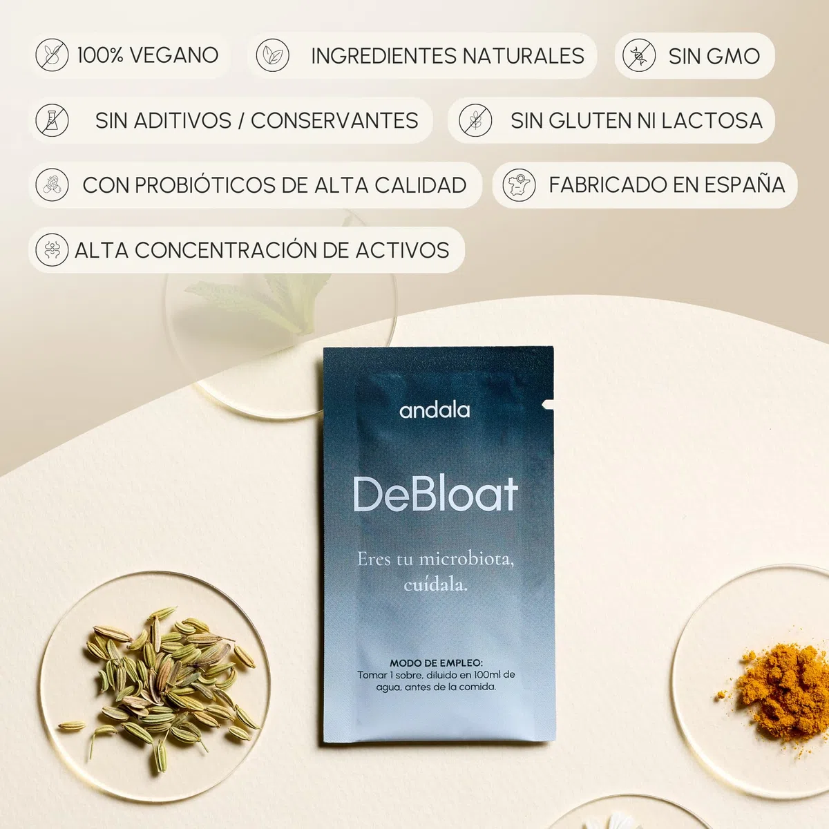DeBloat - Digezyme Enzimas Digestivas con Probioticos Synbio Alivian Gases e Hinchazon Adultos y Mejoran la Digestion - Curcuma, Manzanilla, Menta e Hinojo - 30 Sobres