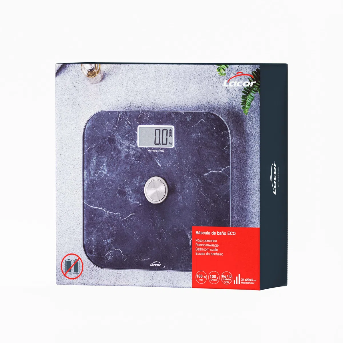 Lacor - 61742 - Báscula de Baño con sistema EcoMove Efecto Mármol, Vidrio Extraplano Templado de 5mm, Pantalla LCD, Medidas 31x29x5 cm