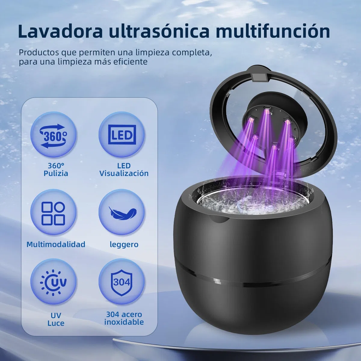 Limpiador Ultrasonidos Dental Inalámbrico 48000Hz, 210ml Portatil Ultrasonidos Limpieza Recargable con 6 lámparas UV y 4 modos para Dentaduras Postizas, Alineadores, Retenedores y Joyas