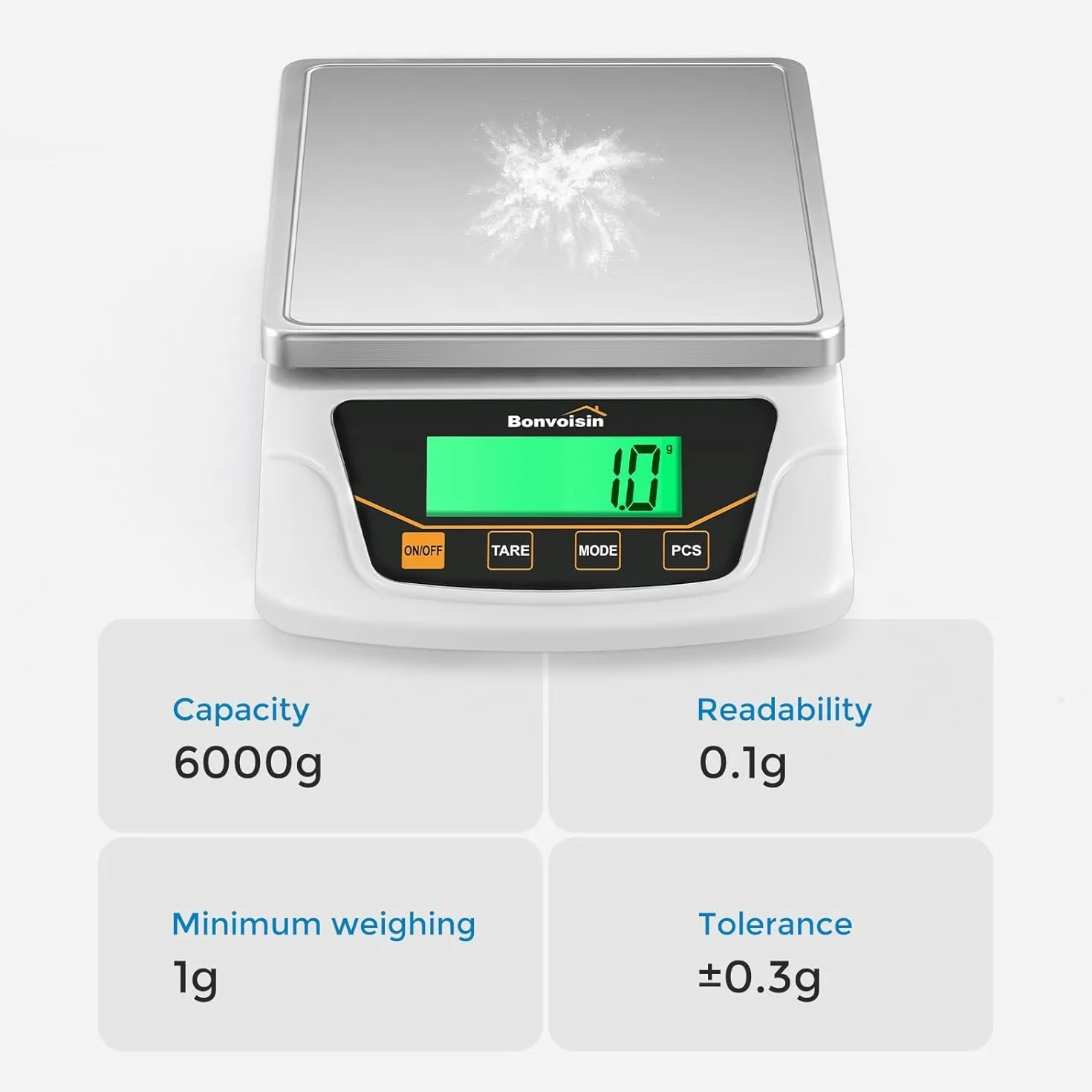 Bonvoisin Báscula de Precisión 6000g x 0.1g, Báscula Digital de Laboratorio con 6 Unidades, Conteo & Tara, Plato de Acero Inoxidable, Doble Alimentación & Autoapagado, para Lab, Joyería, Educación