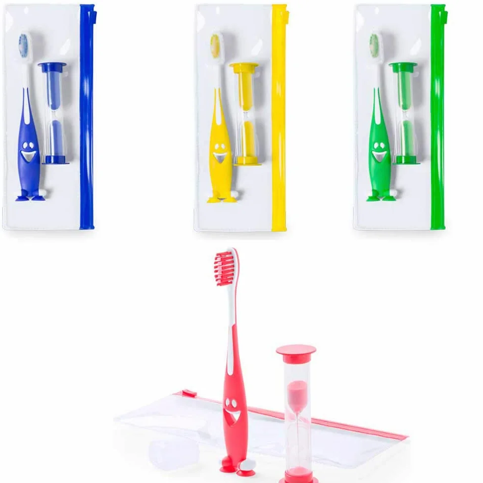 Lote de 20 set cepillos de dientes infantil, con reloj de arena y neceser. Regalos para cumpleaños infantiles, colegios, fiestas de niños o para clínicas dentales.
