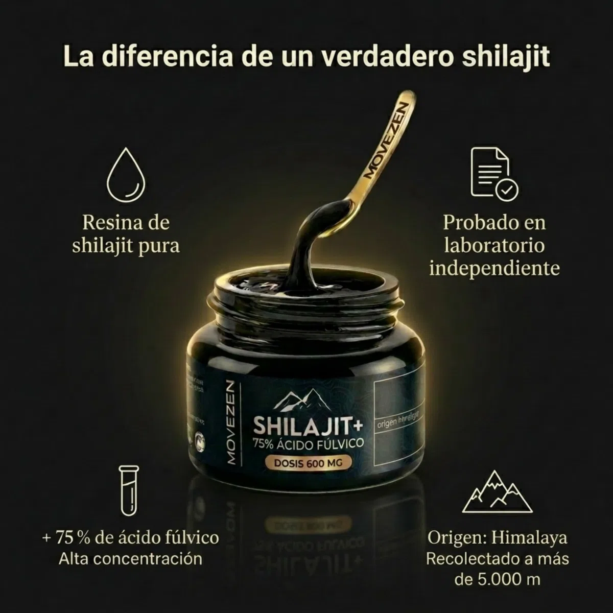 Shilajit+ MOVEZEN 30 g, resina de Shilajit puro (mumijo), ≥75% ácido fúlvico probado por Eurofins, Himalaya 5000 m, rico en 85 minerales, sin aditivos, 50 días, Halal, cuchara incluida