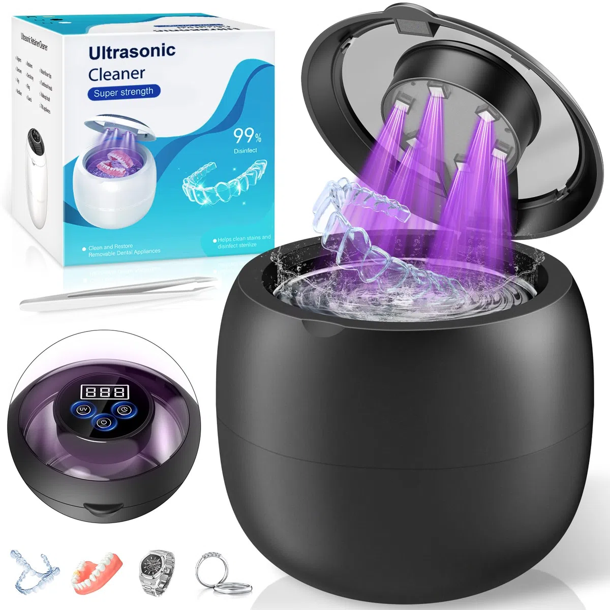 Limpiador Ultrasonidos Dental Inalámbrico 48000Hz, 210ml Portatil Ultrasonidos Limpieza Recargable con 6 lámparas UV y 4 modos para Dentaduras Postizas, Alineadores, Retenedores y Joyas