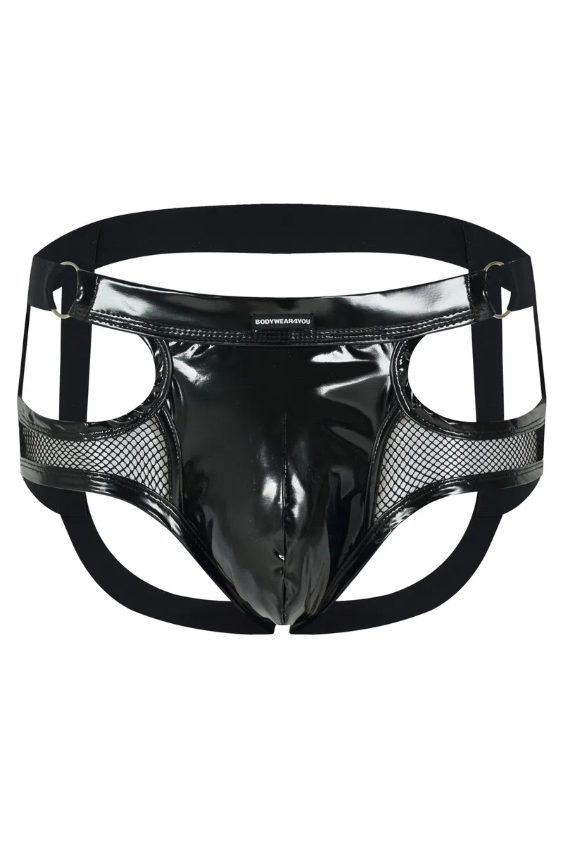 Jock Brief Ouvert - Malla transparente con aspecto lacado de piel sintética, ropa interior para hombre, ropa interior cómoda