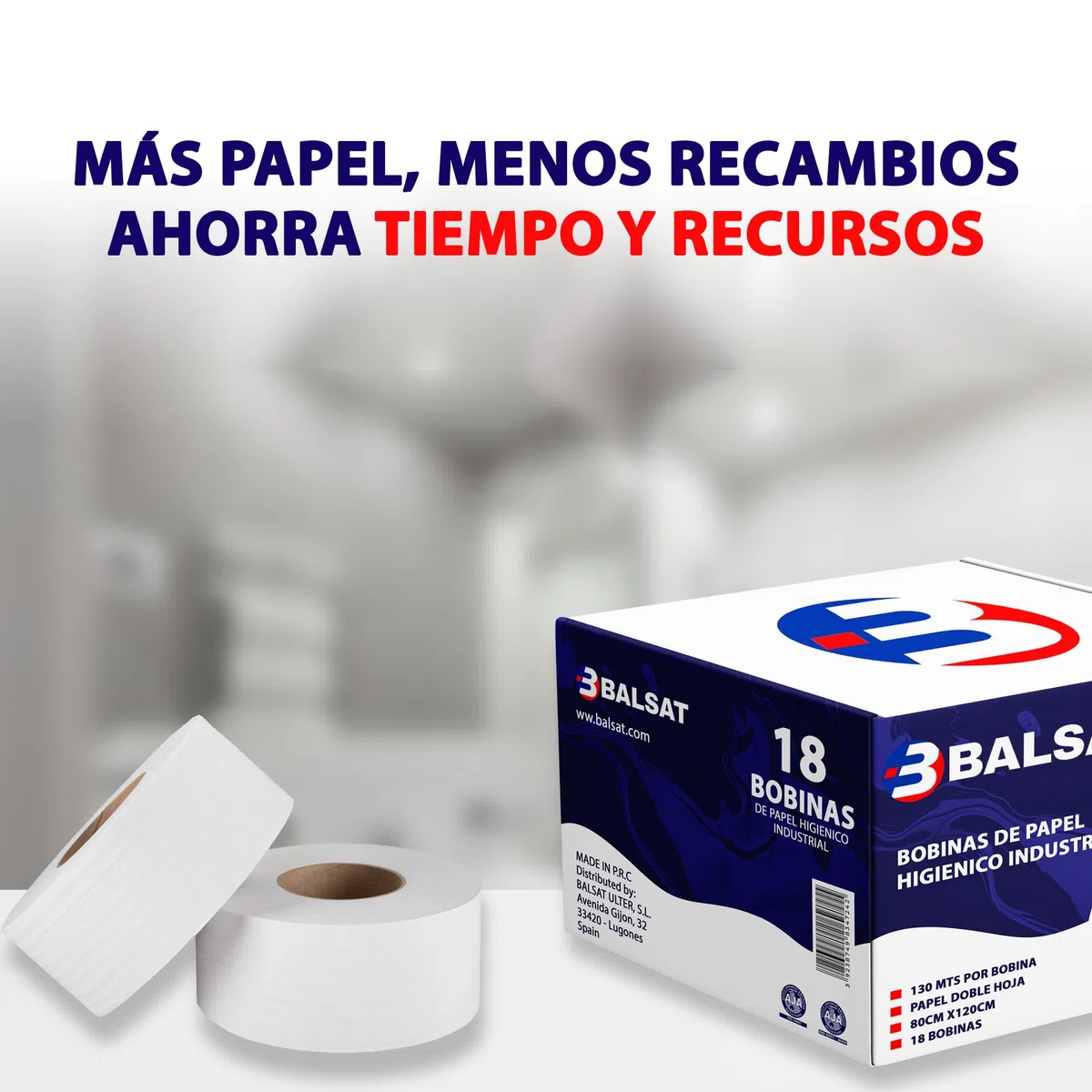BALSAT | 18 Bobinas De Higiénico | Industrial Resistente Doble Hoja | Rollo Industrial130m | Baño | Ideal en Dispensador.