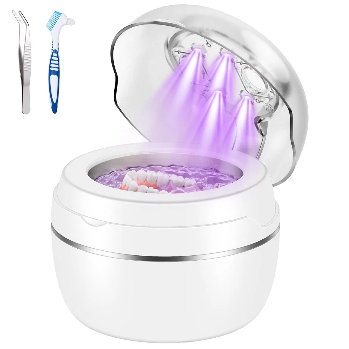 Limpiador Ultrasonidos Dental 50000Hz Ultrasonidos Limpieza con Lámpara UV y 4 Modos, 250ml Ultrasonic Retainer Cleaner Dental Pod para Dentaduras Postizas, Retenedores, Joyas, Blanco