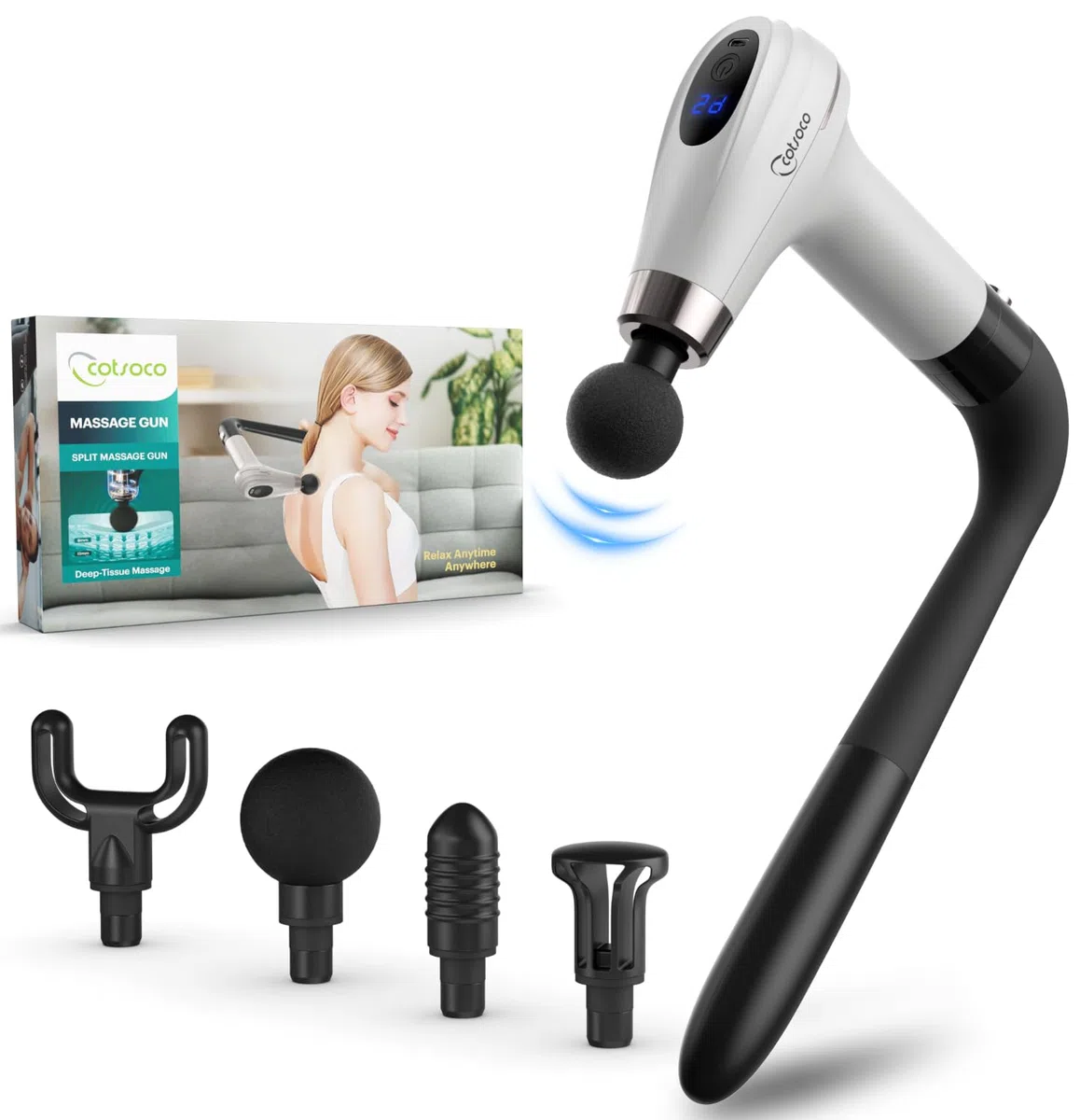 Cotsoco Pistola de Masaje con Mango de Extensión Mejorado - Masajeador de Percusión Profunda para la Espalda con 4 Cabezales de Masaje y 6 Niveles de Velocidad, Regalo para Él y Ella