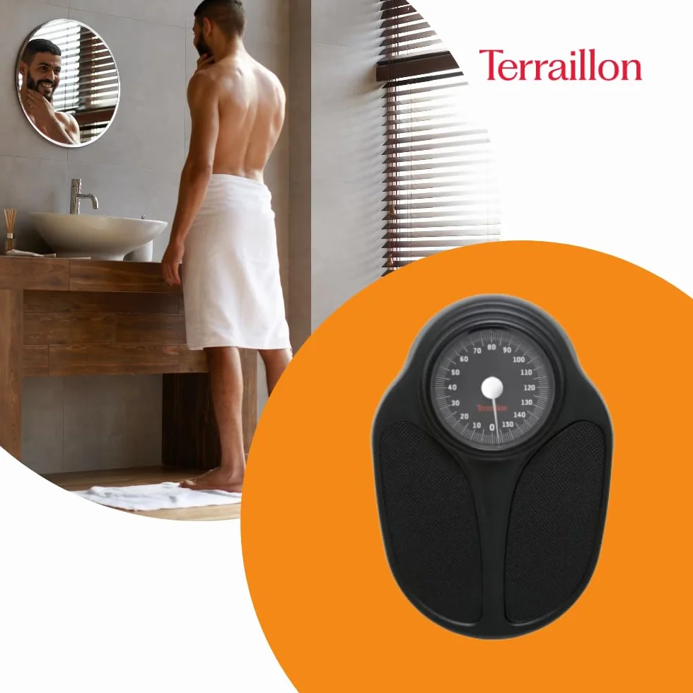 TERRAILLON - Balanza Pesa Personas Mecánica - Semiprofesional, Revestimiento Antideslizante, Gran Dial, 160kg máximo - Modelo 'TPRO Plus' Negro