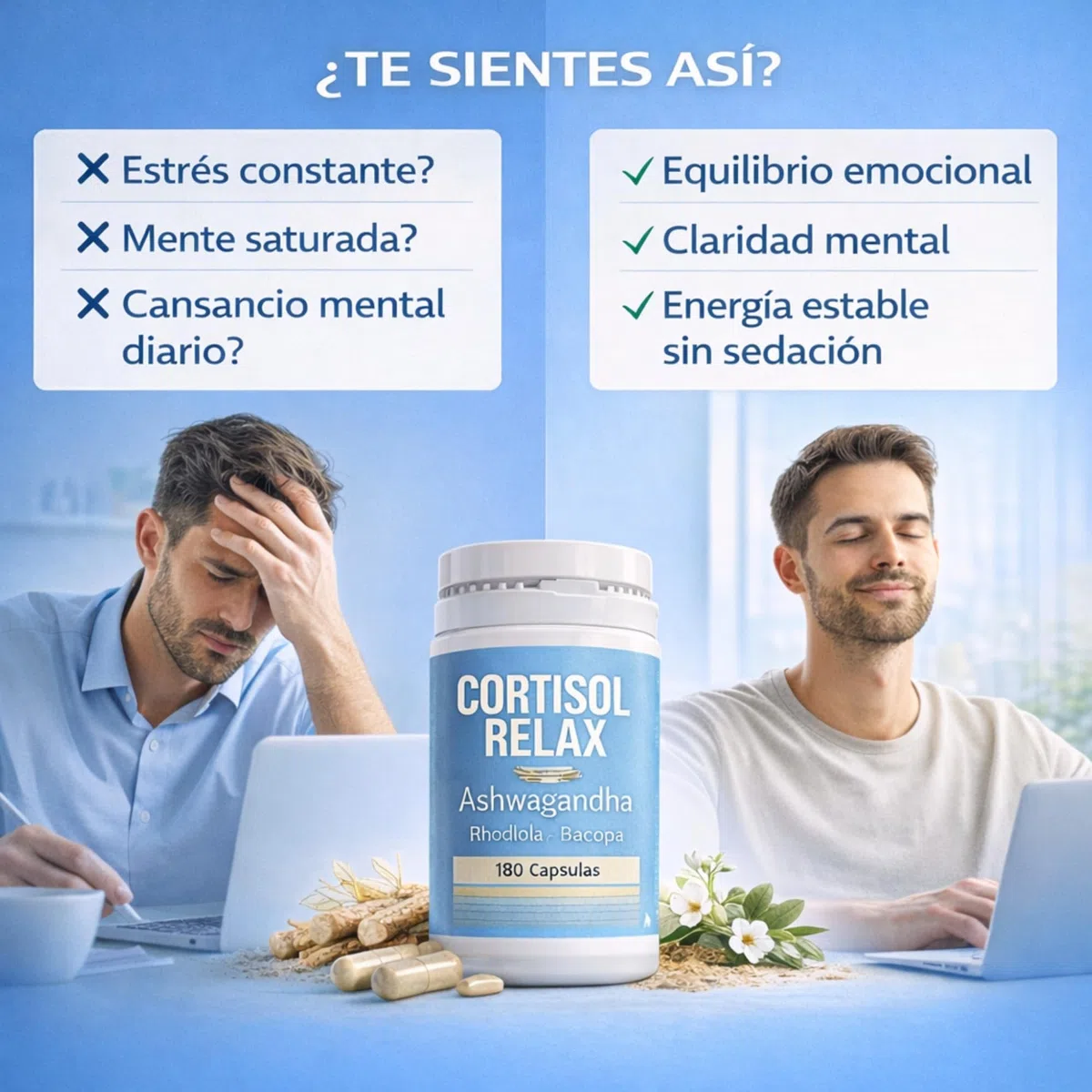 DIETETICA EUROPEA Cortisol RELAX 6 meses - bajar cortisol y estres y ansiedad sin perder energía - ashwagandha y rhodiola + bacopa monnieri - anti estres natural 180 Cápsulas