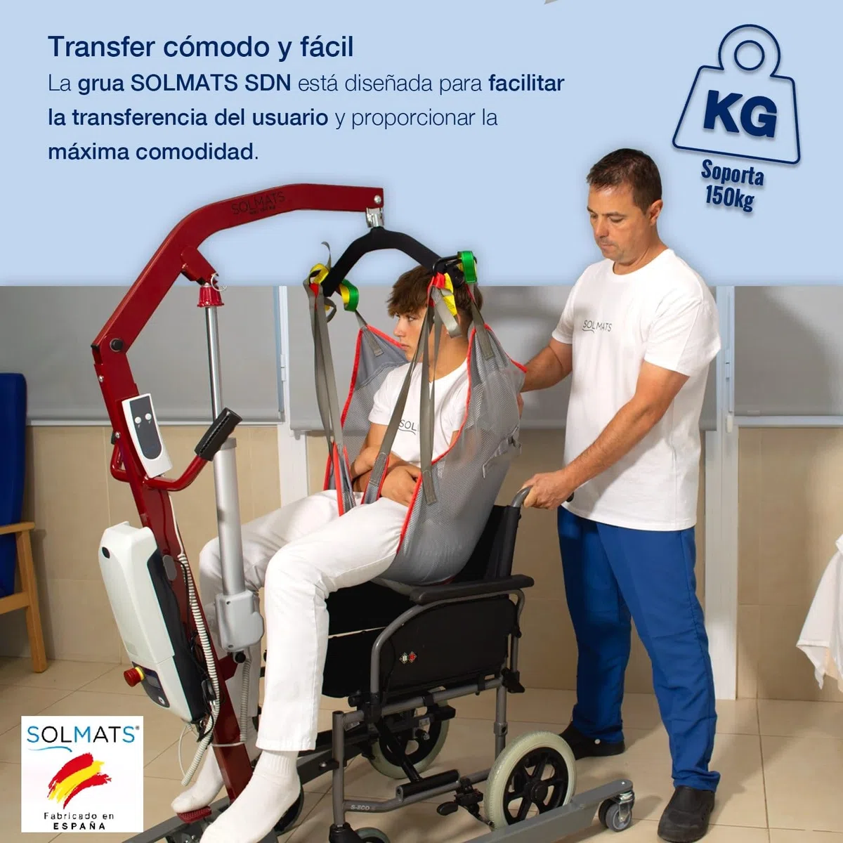 Grúa para personas mayores, Fabricado en España, Arnés profesional incluido, Grúa electrica, Grúa para enfermos, 150 kg, Elevador de pacientes, Segura y Plegable, Fácil de Usar