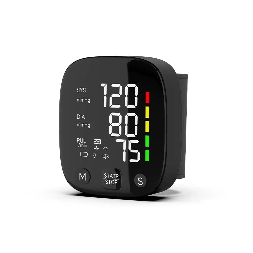 Monitores de presión arterial de muñeca automáticos con pantalla LCD, tonómetro recargable brazalete digital irregular frecuencia cardíaca tensiómetro, automáticamente transmite valores