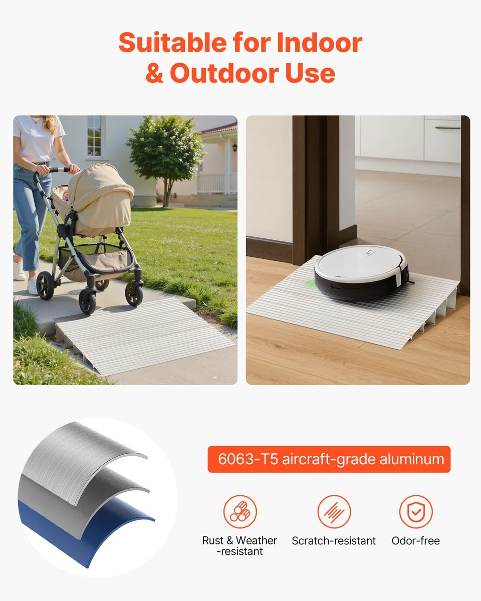 VEVOR Rampa de Umbral 677x865x138 mm, Rampa de Aleación de Aluminio para Bordillos Entrada, Capacidad de Carga de 362,9 kg, para Sillas de Ruedas, Scooters, Sillas Eléctricas, Escaleras de Casa