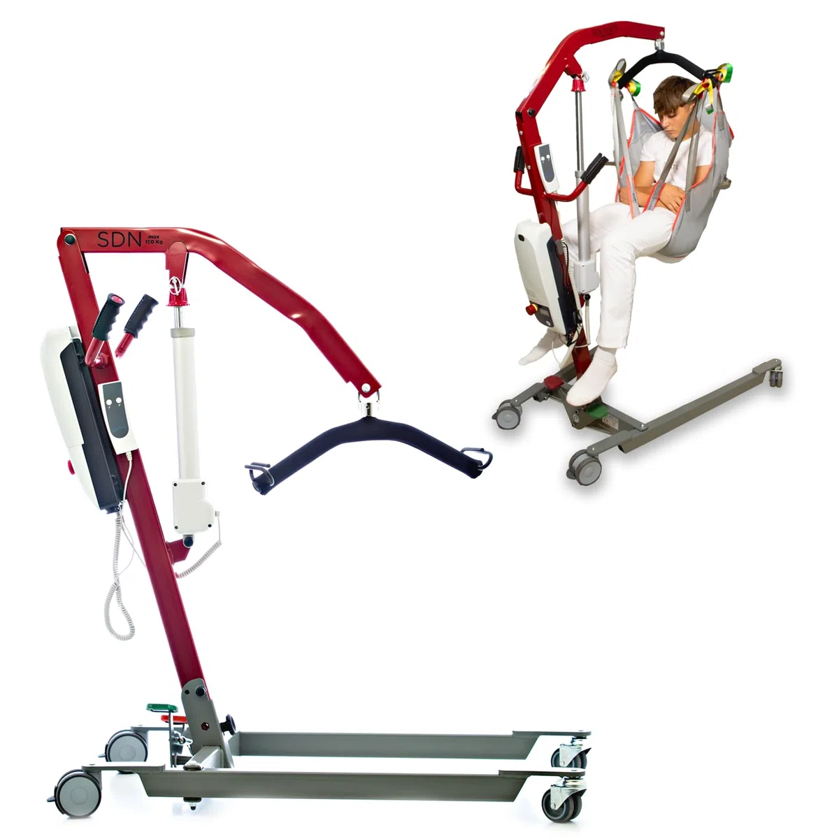 Grúa para personas mayores, Fabricado en España, Arnés profesional incluido, Grúa electrica, Grúa para enfermos, 150 kg, Elevador de pacientes, Segura y Plegable, Fácil de Usar