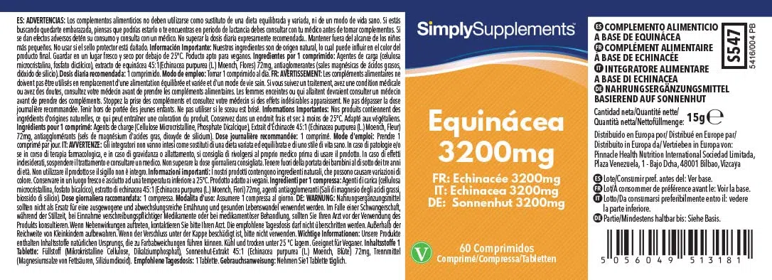 Equinacea 3200mg - ¡Bote para 4 meses! - Apta para veganos - 120 Comprimidos - SimplySupplements