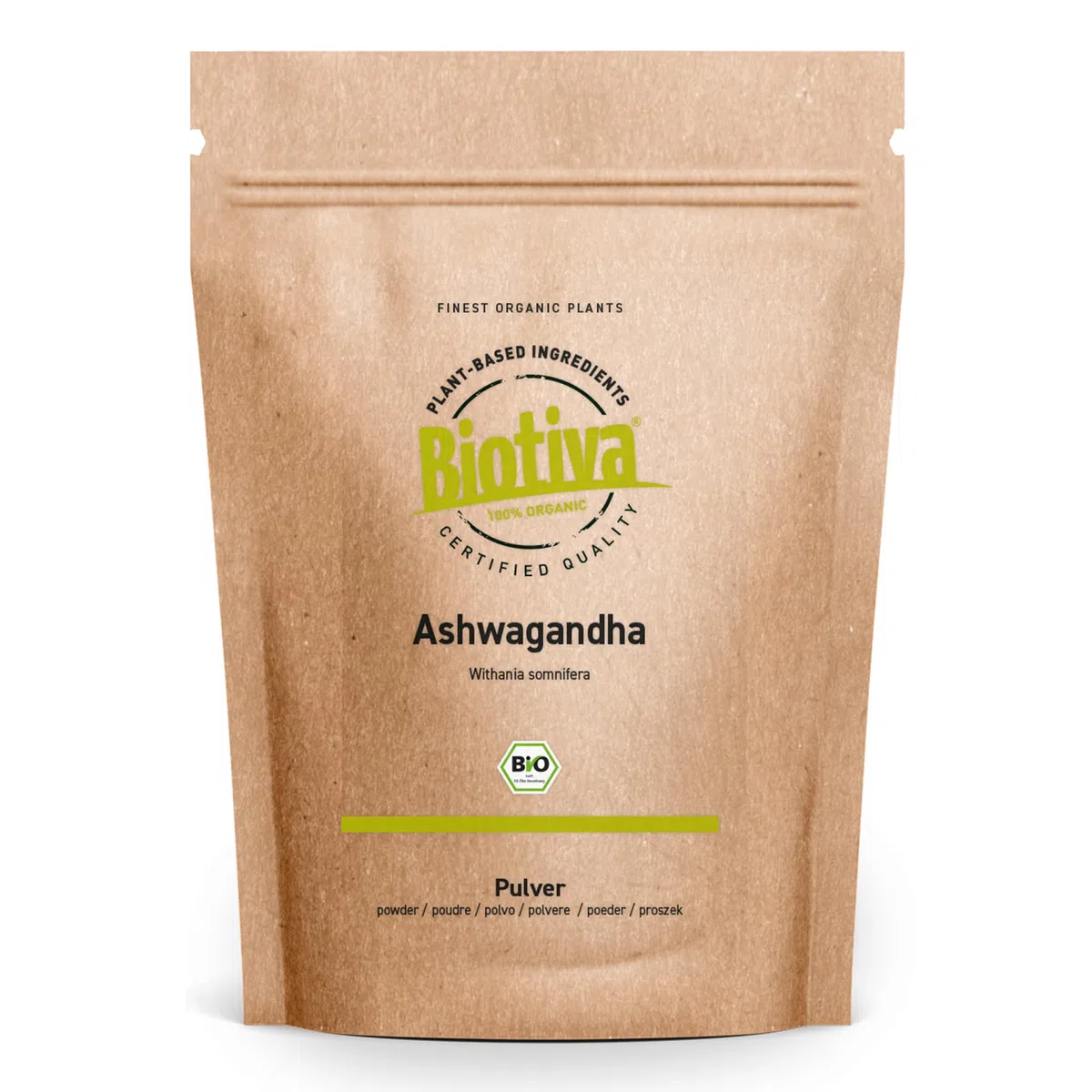 Biotiva Polvo de ashwagandha orgánico 1000g - Baya del sueño - Ayurveda - Ginseng indio - vegano - Embotellado en Alemania (DE-ÖKO-005)