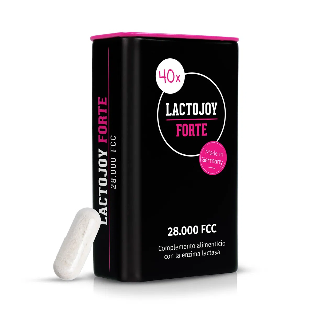 LactoJoy FORTE 28.000 FCC – Cápsulas Lactasa con Efecto Depósito 6h – 40 Cápsulas Veganas – Intolerancia a la Lactosa – Sin Aditivos ni Gluten – FABRICADO EN ALEMANIA – Enzimas Digestivas