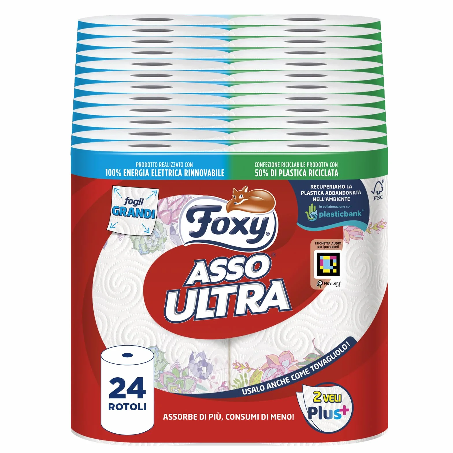 Foxy As Ultra | Secador de 24 rollos | Velos Plus+ Absorbentes y Resistentes | Decorado|100% Energía Eléctrica Renovable | Embalaje reciclable fabricado con plástico reciclado