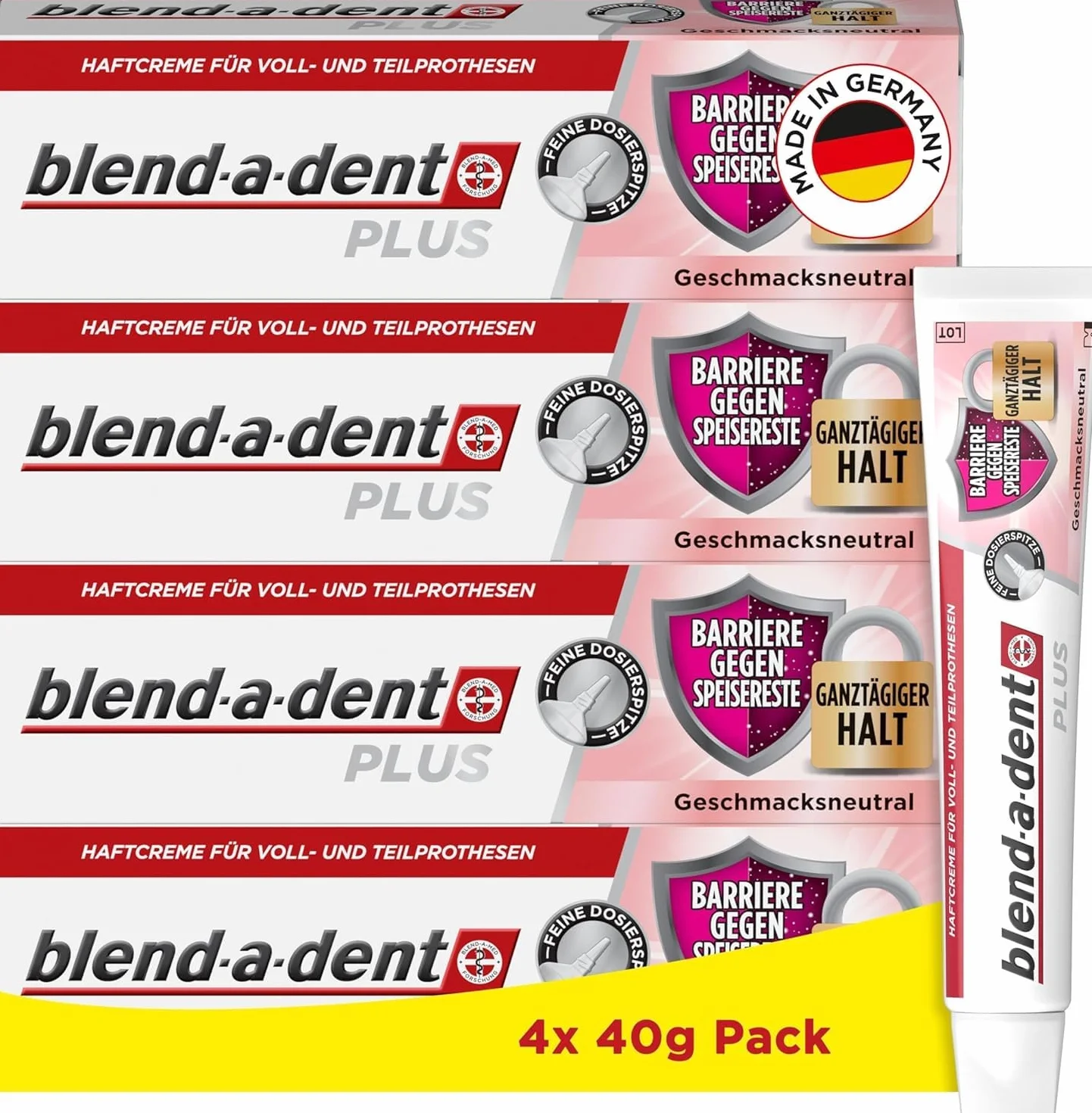 Blend-a-dent Plus Barrera contra los restos de alimentos, crema adhesiva prémium, para dentaduras postizas completas y parciales, insípido, 4 x 40 g