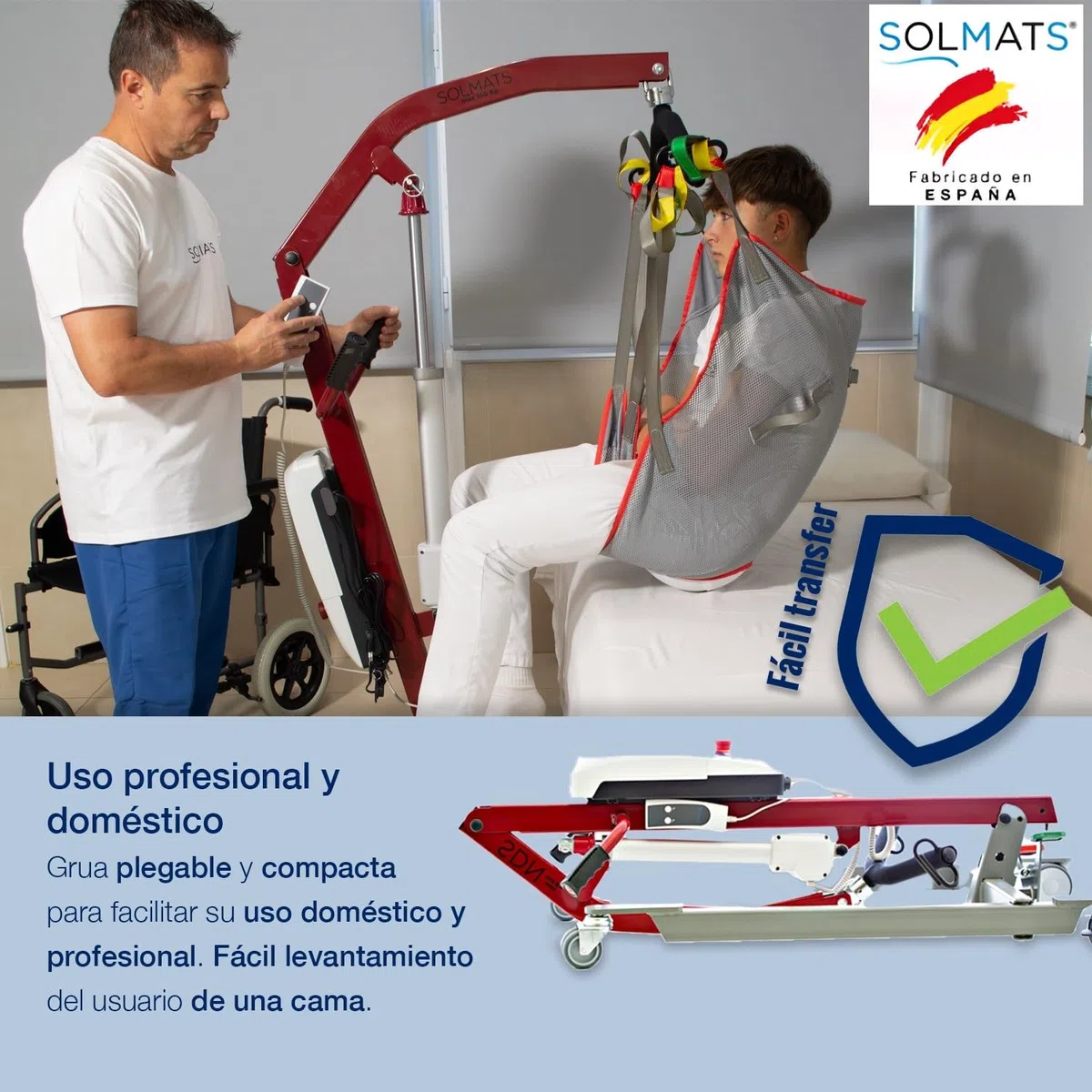 Grúa para personas mayores, Fabricado en España, Arnés profesional incluido, Grúa electrica, Grúa para enfermos, 150 kg, Elevador de pacientes, Segura y Plegable, Fácil de Usar