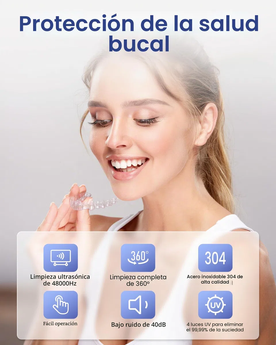 Limpiador Ultrasónico, 48000Hz Limpieza Dental Ultrasonidos, 375ML con 4 Lámparas UV Automáticas, para Ultrasonidos Limpieza Dental de Dentaduras, Retenedores, Alineadores y Joyas