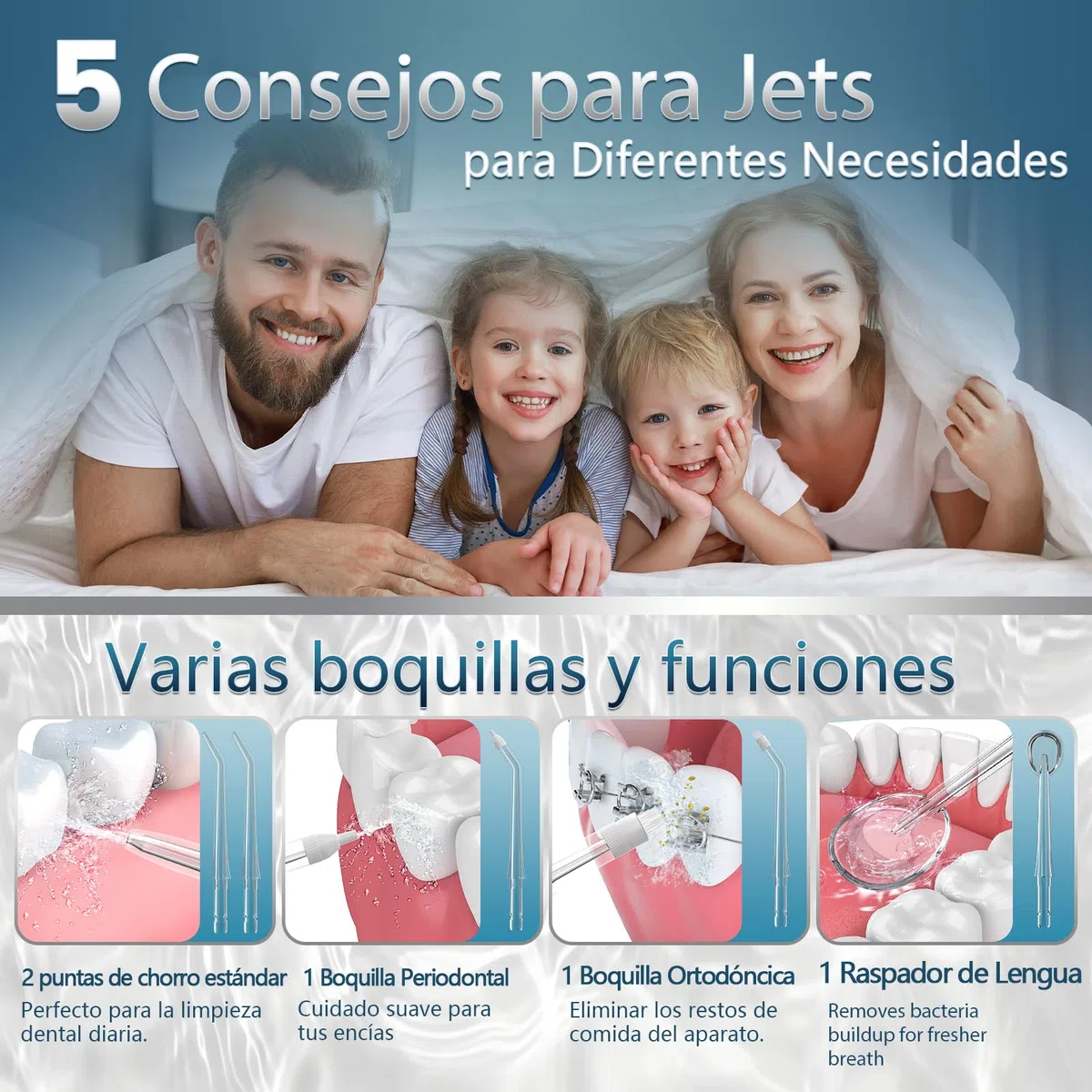 OasiSmile Irrigador Dental, 300ML Irrigador Bucal Profesional con Tecnología DIY Autoajustable, 5 Boquillas y 4 Modos, Para Ortodoncia y Encías Sensibles, Inalámbrico IPX7 para Viaje Hogar, Morado
