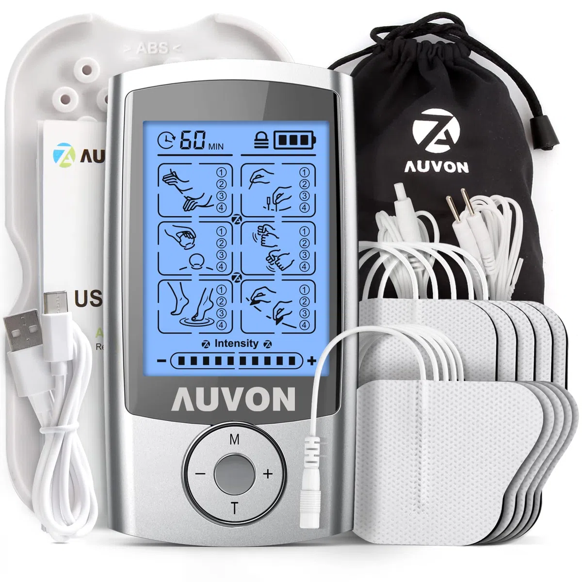 AUVON TENS Electroestimulador recargable con 24 programas, 2 canales y 10 Electrodos TENS con diseño patentado para aliviar el dolor muscular de en la espalda, el cuello y los hombros